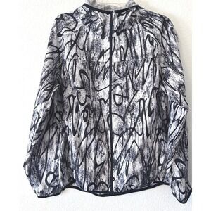 Layer8 Womens Qwick-Dry Hooded Windbreaker Jacket White Black Graffiti Print L